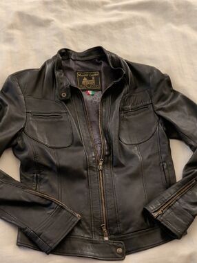 Women's Black Leather Zip Jacket